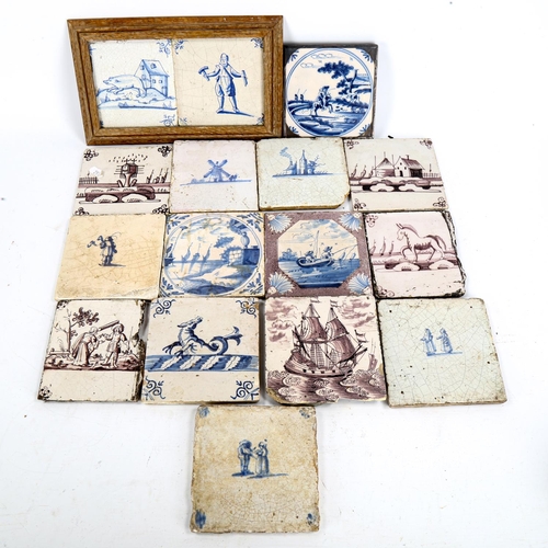 1031 - 16 Dutch Delft blue manganese and white pottery tiles, various subjects, including fishing, galleon ... 