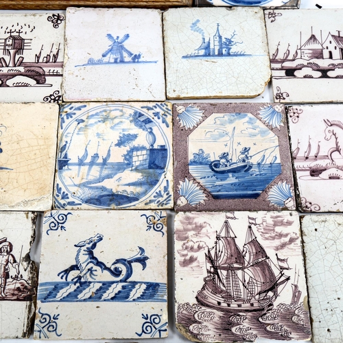 1031 - 16 Dutch Delft blue manganese and white pottery tiles, various subjects, including fishing, galleon ... 