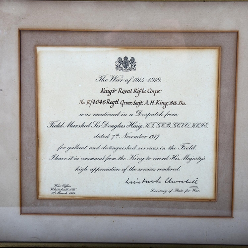 1045 - A Great War Mentioned in Despatches Certificate to R/4048 Regtl Qtmr-Serjt A H King, 8th Bn Kings Ro... 