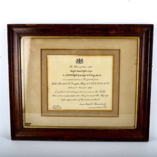 1045 - A Great War Mentioned in Despatches Certificate to R/4048 Regtl Qtmr-Serjt A H King, 8th Bn Kings Ro... 