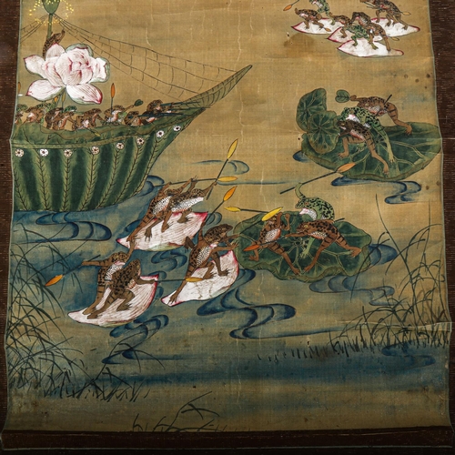 1059 - A 19th century Oriental scroll painting on silk, depicting a toad battle on lily pads, image width 4... 