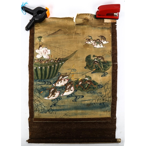 1059 - A 19th century Oriental scroll painting on silk, depicting a toad battle on lily pads, image width 4... 