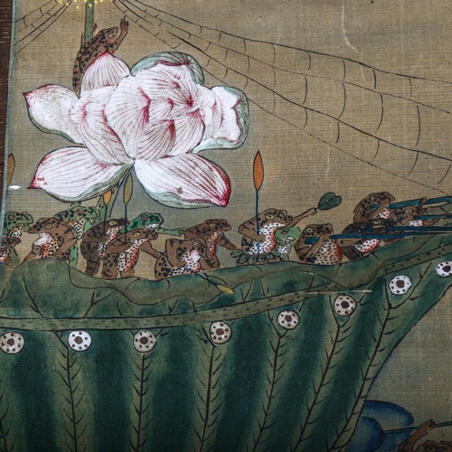 1059 - A 19th century Oriental scroll painting on silk, depicting a toad battle on lily pads, image width 4... 