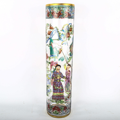 1062 - A large Chinese clear glass cylinder vase, with hand painted figures in gardens and gilded rim, heig... 