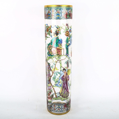 1062 - A large Chinese clear glass cylinder vase, with hand painted figures in gardens and gilded rim, heig... 