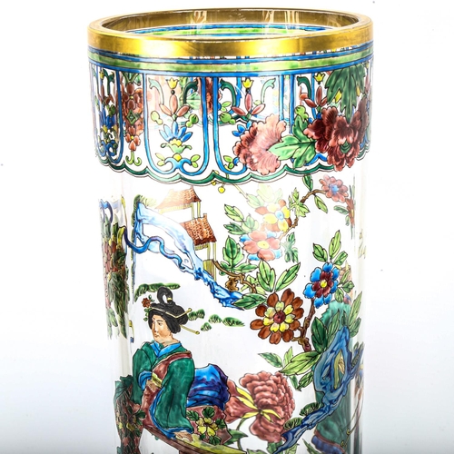 1062 - A large Chinese clear glass cylinder vase, with hand painted figures in gardens and gilded rim, heig... 