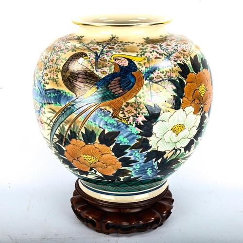 1063 - A large Chinese porcelain vase, hand painted exotic birds and flowers, signed under base, old label ... 