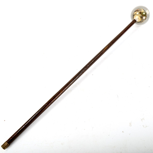 1067 - A Chinese walking stick with internally painted glass globe handle, handle diameter approx 7.5cm