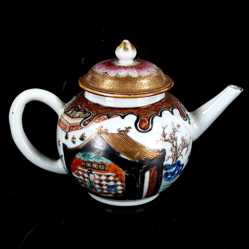 1070 - An 18th century Chinese Export porcelain teapot, with hand painted and gilded scenes, height 12.5cm