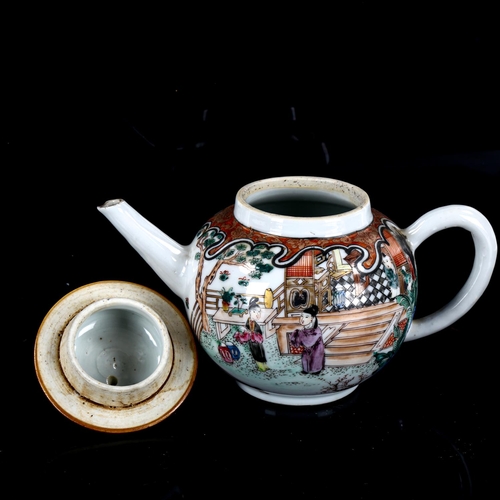 1070 - An 18th century Chinese Export porcelain teapot, with hand painted and gilded scenes, height 12.5cm