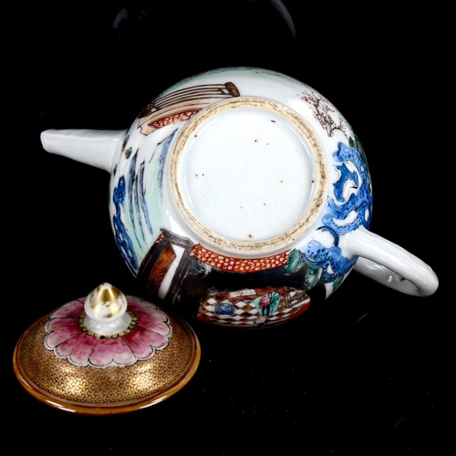 1070 - An 18th century Chinese Export porcelain teapot, with hand painted and gilded scenes, height 12.5cm