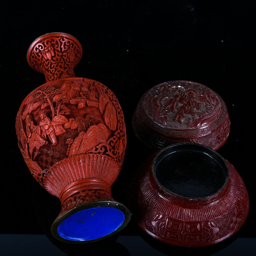 1071 - A Chinese cinnabar lacquer vase, height 23cm, and a similar circular box (2)