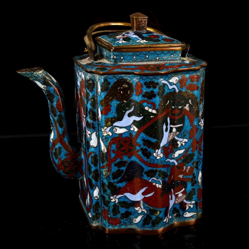 1072 - A Chinese cloisonne enamel teapot with serpentine-shaped surround, decorated with dragons, height 19... 