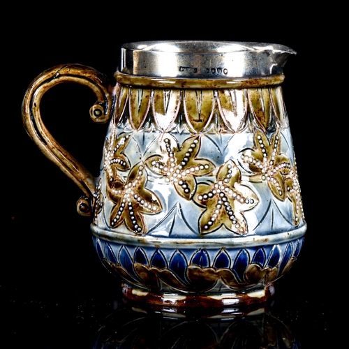 1091 - Francis E Lee for Doulton Lambeth, a small stoneware cream jug, with incised decoration and silver r... 