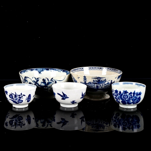 1092 - 5 x 18th century English blue and white porcelain bowls, including Worcester, largest diameter 12cm ... 