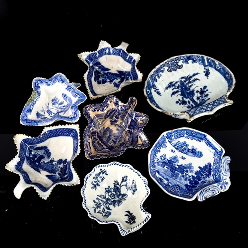 1093 - An 18th century blue and white tin glazed shell-shaped dish, width 16cm, and 6 other 18th century En... 