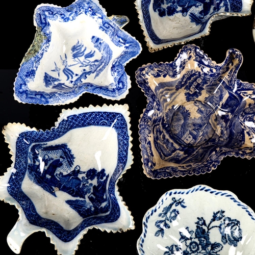 1093 - An 18th century blue and white tin glazed shell-shaped dish, width 16cm, and 6 other 18th century En... 