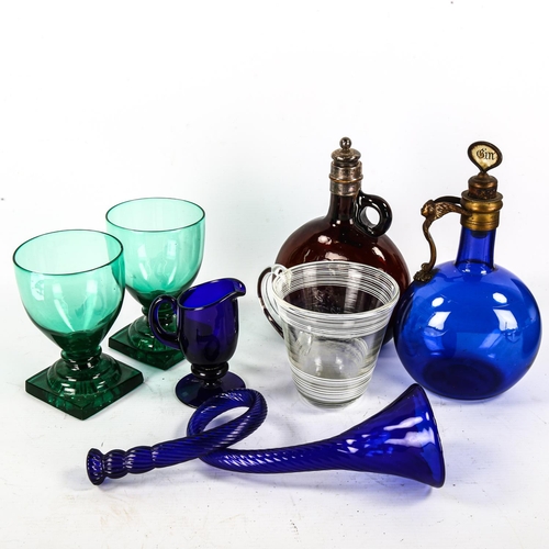 1098 - A group of 19th century glassware, including 2 Bristol blue gin flasks, a blue glass horn, a pair of... 