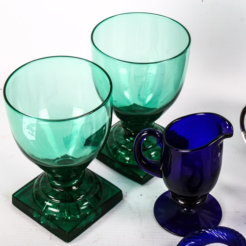 1098 - A group of 19th century glassware, including 2 Bristol blue gin flasks, a blue glass horn, a pair of... 