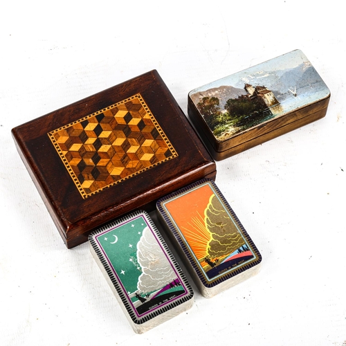 1100 - A Tunbridge Ware playing card box, with cube parquetry decorated lid, 10.5cm x 8.5cm, containing 2 s... 