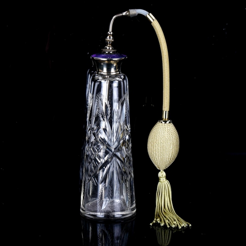 1104 - A cut-glass silver and purple enamel atomiser perfume bottle, height to enamel top 17cm