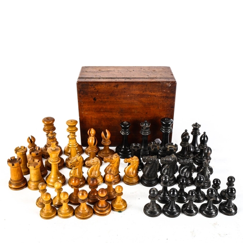 1110 - A quantity of Staunton pattern boxwood and ebony chessmen from various sets, including Jaques, in ma... 