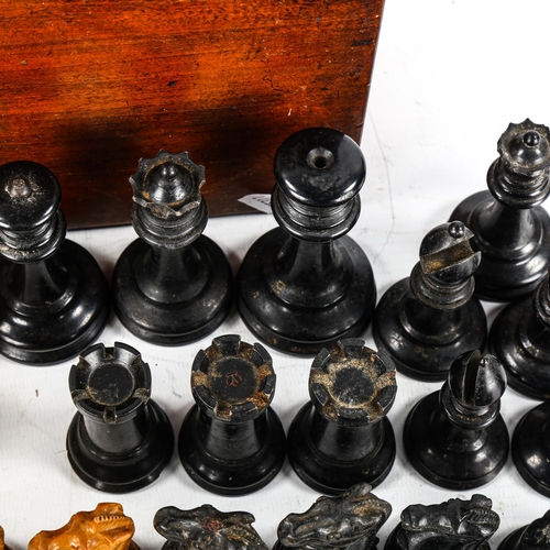 1110 - A quantity of Staunton pattern boxwood and ebony chessmen from various sets, including Jaques, in ma... 