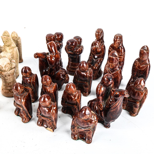 1113 - An unusual mid-20th century hand sculpted and glazed terracotta chess set, King height 11.5cm, no ma... 