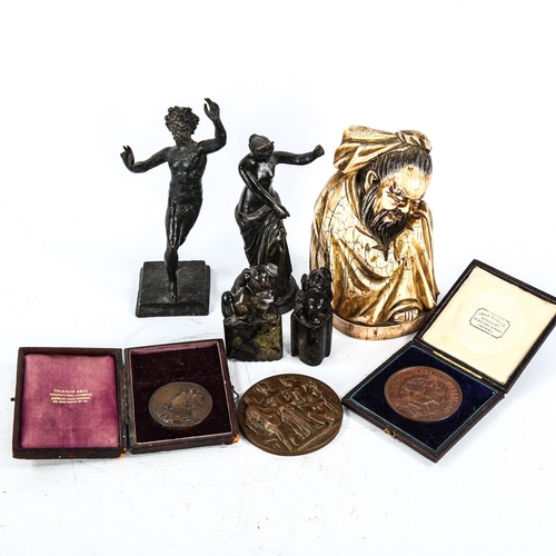 1115 - A mixed lot, including 2 patinated Classical bronzes, largest height 17cm, 3 x 19th century bronze m... 