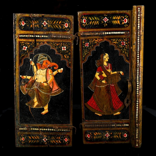 1130 - A pair of Antique Indian wooden cupboard doors, with hand painted decoration, height 49cm