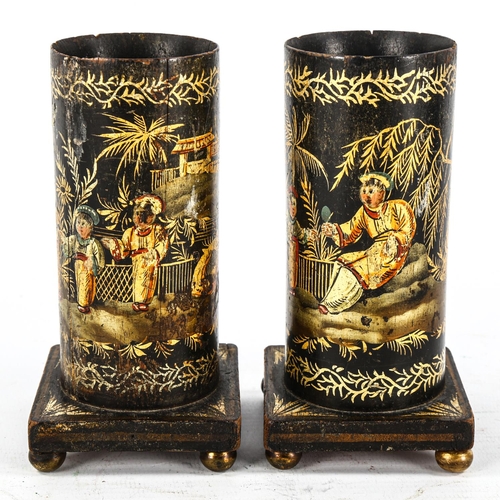 1134 - A pair of 19th century Regency japanned painted and gilded wood spill holders, height 13.5cm