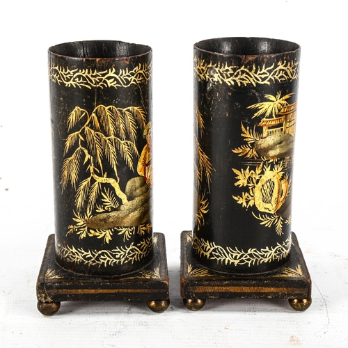 1134 - A pair of 19th century Regency japanned painted and gilded wood spill holders, height 13.5cm