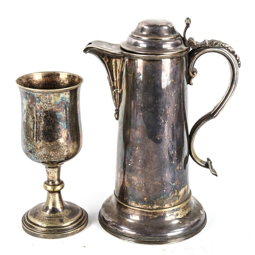 1147 - A large Victorian electroplate lidded flagon, height 30cm, and a Victorian plated goblet (2)