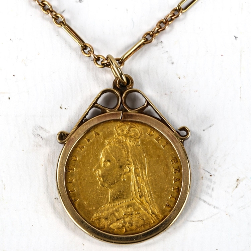 1172 - Queen Victoria 1887 gold half sovereign, in 9ct pendant mount on 9ct chain, gross weight 9.9g