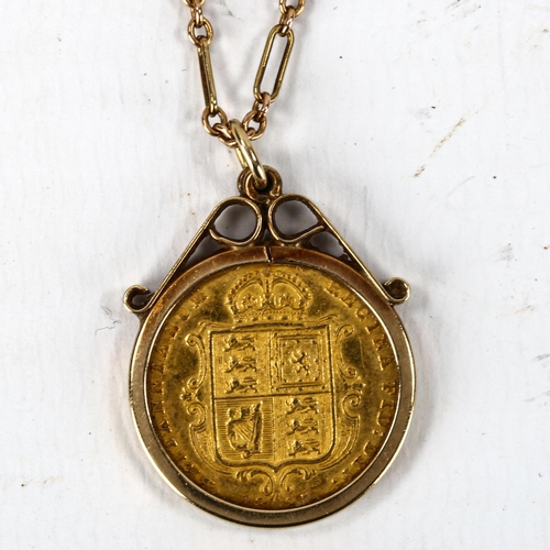 1172 - Queen Victoria 1887 gold half sovereign, in 9ct pendant mount on 9ct chain, gross weight 9.9g