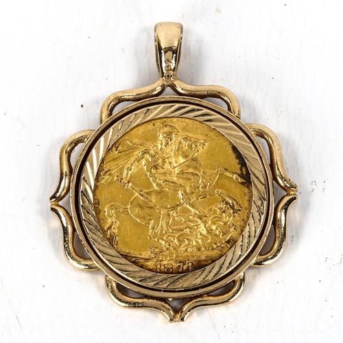 1173 - Queen Victoria 1874 gold sovereign in 9ct gold pendant mount, gross weight 12.3g