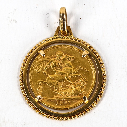 1174 - Queen Victoria 1891 gold sovereign in 9ct gold pendant mount, gross weight 11.9g