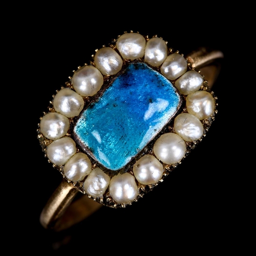 236 - An Antique blue enamel and split pearl cluster ring, unmarked yellow metal closed back settings, set... 