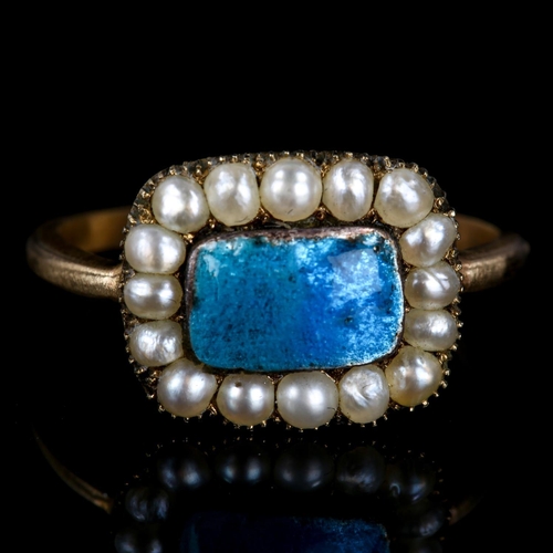 236 - An Antique blue enamel and split pearl cluster ring, unmarked yellow metal closed back settings, set... 