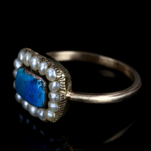 236 - An Antique blue enamel and split pearl cluster ring, unmarked yellow metal closed back settings, set... 