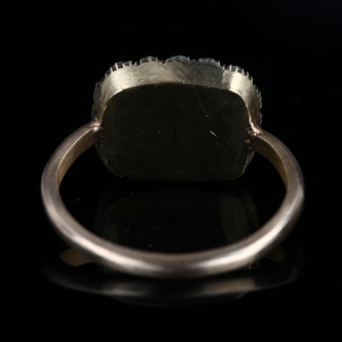 236 - An Antique blue enamel and split pearl cluster ring, unmarked yellow metal closed back settings, set... 