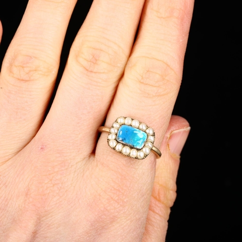 236 - An Antique blue enamel and split pearl cluster ring, unmarked yellow metal closed back settings, set... 