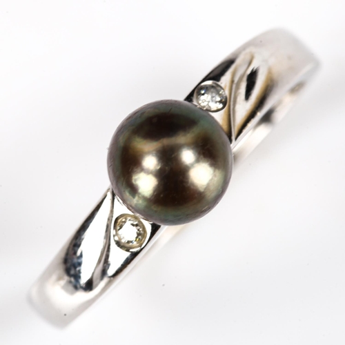 251 - A modern 14ct white gold black cultured pearl and diamond dress ring, pearl diameter 6.8mm, size Q, ... 