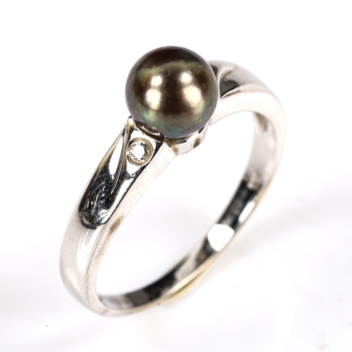 251 - A modern 14ct white gold black cultured pearl and diamond dress ring, pearl diameter 6.8mm, size Q, ... 