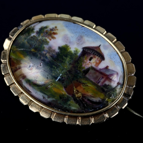 256 - An Antique Swiss hand painted enamel on copper panel brooch, unmarked gold frame, brooch length 43.7... 