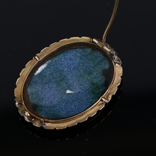 256 - An Antique Swiss hand painted enamel on copper panel brooch, unmarked gold frame, brooch length 43.7... 