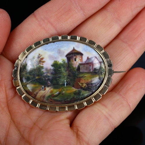 256 - An Antique Swiss hand painted enamel on copper panel brooch, unmarked gold frame, brooch length 43.7... 