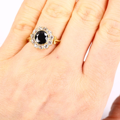 259 - A late 20th century 18ct gold sapphire and diamond cluster ring, set with round-cut sapphire and old... 
