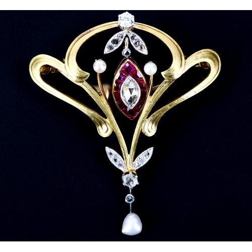 100 - A French Art Nouveau gold ruby pearl and diamond openwork brooch, centrally suspending a marquise cl... 