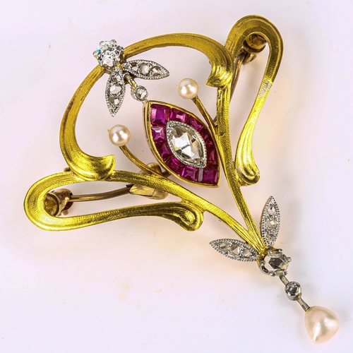 100 - A French Art Nouveau gold ruby pearl and diamond openwork brooch, centrally suspending a marquise cl... 